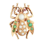 Antique Art Deco Pearl Turquoise Ruby Beetle Brooch - 14k Yellow Gold