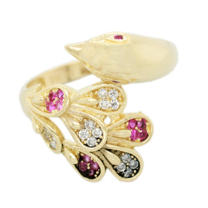 Vintage 0.10ctw Ruby Peacock Ring - 14k Yellow Gold - Size 8