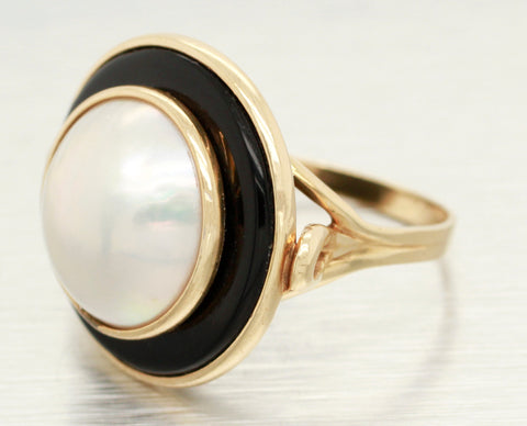 Vintage Iridescent Large Pearl Cocktail Ring with Onyx Bezel in 14k Yellow Gold