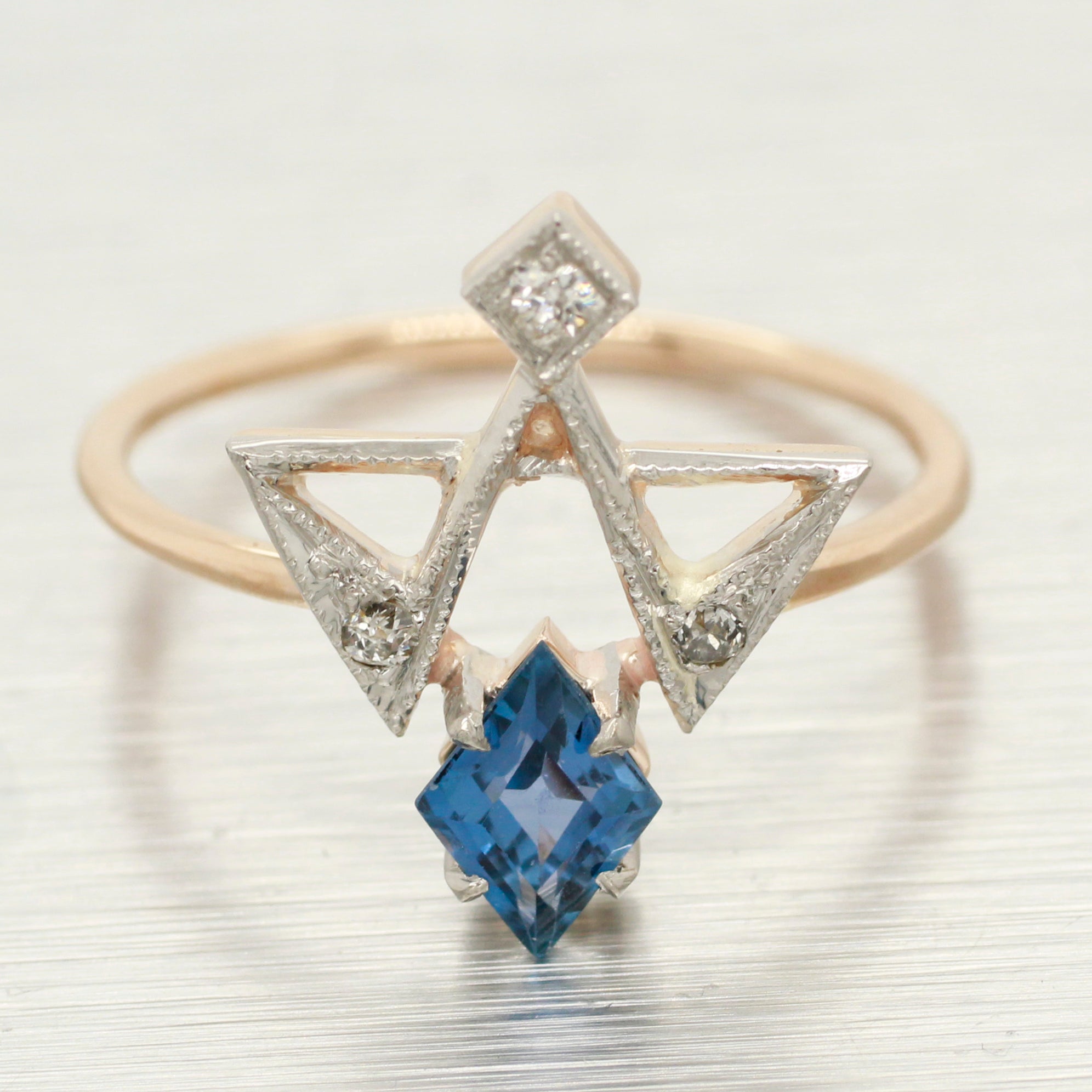 Antique Art Deco Blue Topaz & Diamond Masonic Ring - 18k Yellow Gold