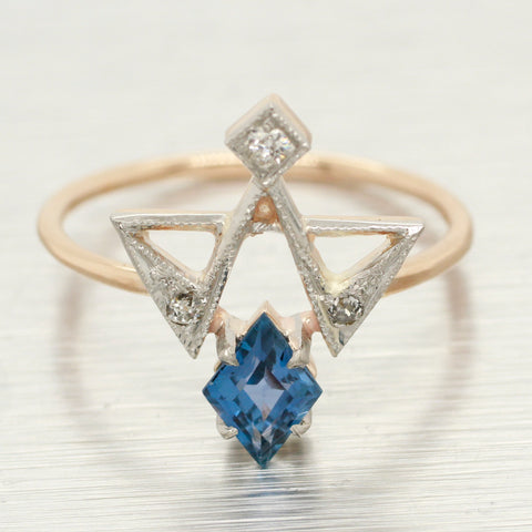 Antique Art Deco Blue Topaz & Diamond Masonic Ring in 18k Yellow Gold
