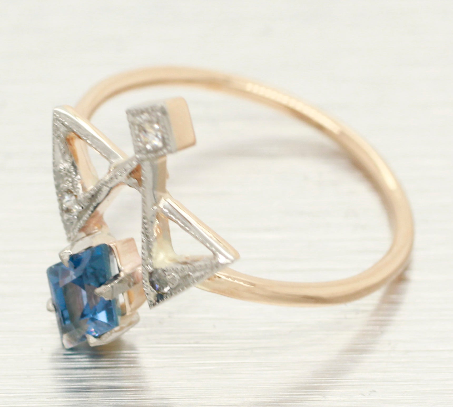 Antique Art Deco Blue Topaz & Diamond Masonic Ring - 18k Yellow Gold