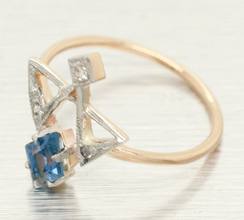 Antique Art Deco Blue Topaz & Diamond Masonic Ring in 18k Yellow Gold