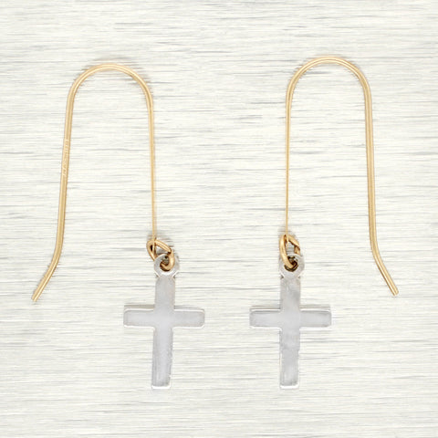 Vintage Petite Cross Dangle Earrings with Wire Backings - 14k Two Tone Gold
