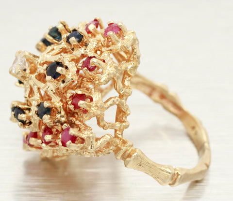 Vintage Diamond, Ruby, & Sapphire Cocktail Ring - 14k Yellow Gold Bamboo Shank
