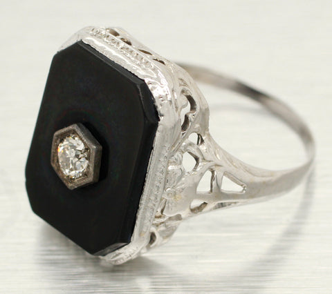 Antique Art Deco Onyx & 0.25ct Diamond Filigree Cocktail Ring in 14k White Gold