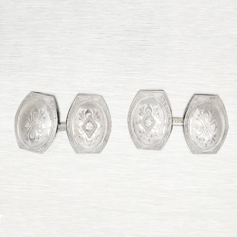 Antique Art Nouveau 0.07ctw Diamond Oval Chain-Style Cufflinks in 14k White Gold