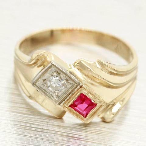 Antique Art Deco 0.10ct Diamond Ruby Band Ring in 14k Yellow Gold - Size 5.25