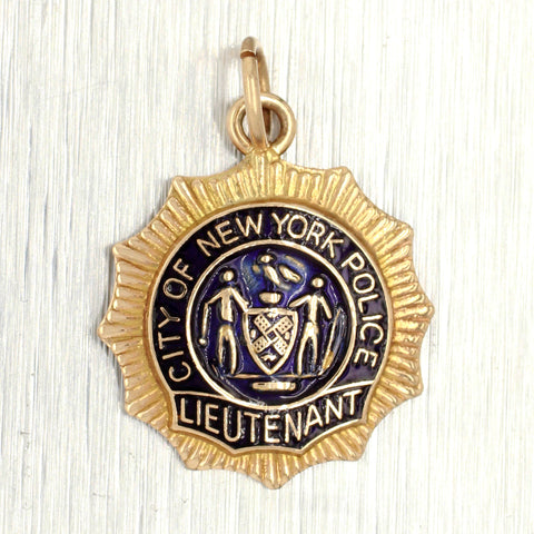 Vintage NYPD Lieutenant Pendant Penny Size with Blue Enamel - 14k Yellow Gold
