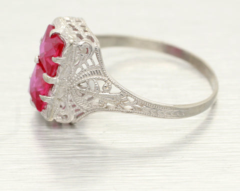 Antique Art Deco 1.10ctw Two Ruby Filigree Ring in 14k White Gold - Size 8