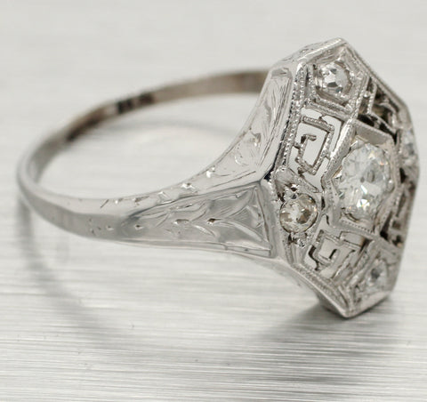 Antique Art Deco 0.35ctw Diamond Hexagon Filigree Ring in 14k White Gold
