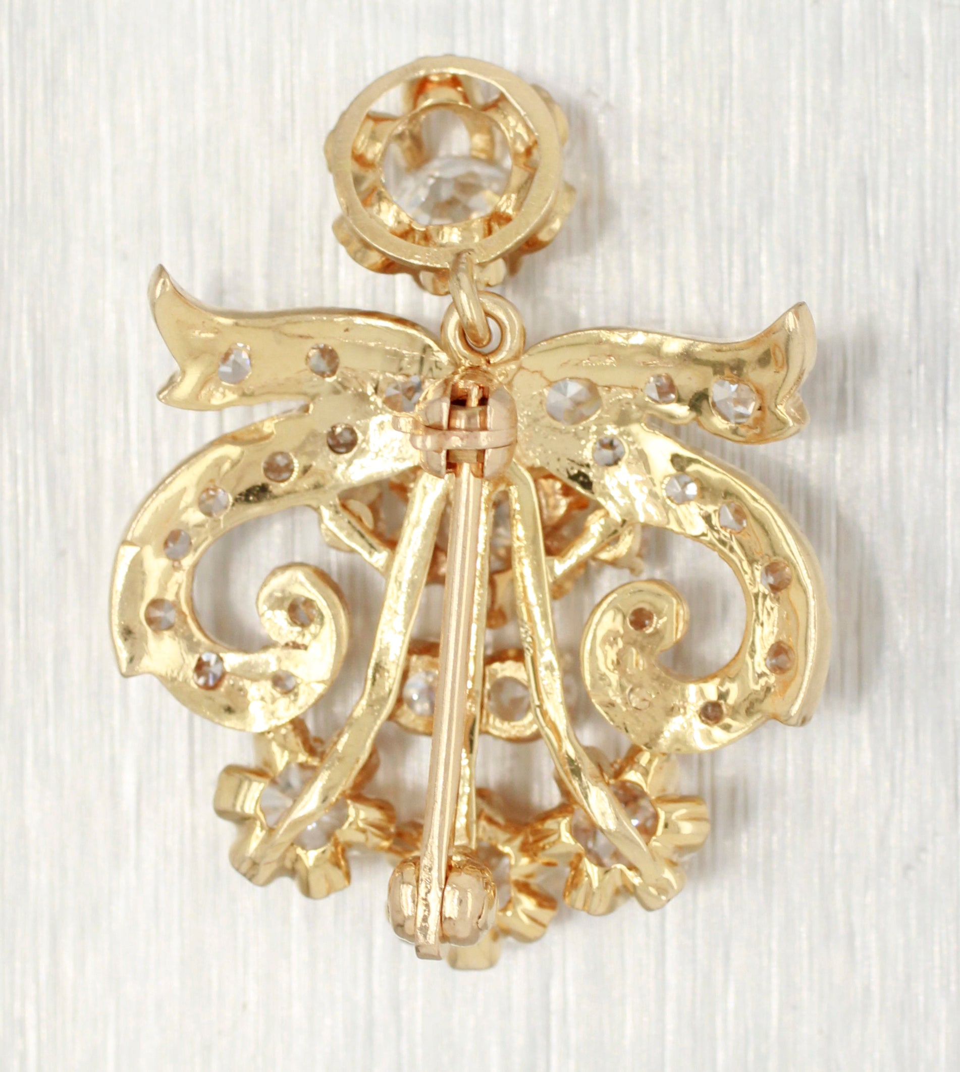 Antique Art Deco 1ctw Old Mine Cut Diamond Swirled Brooch Pin - 14k Yellow Gold