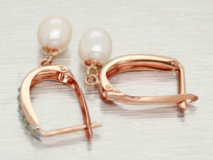 Vintage Cabochon Pearl Drop Dangle Earrings - 10k Rose Gold - Leverback