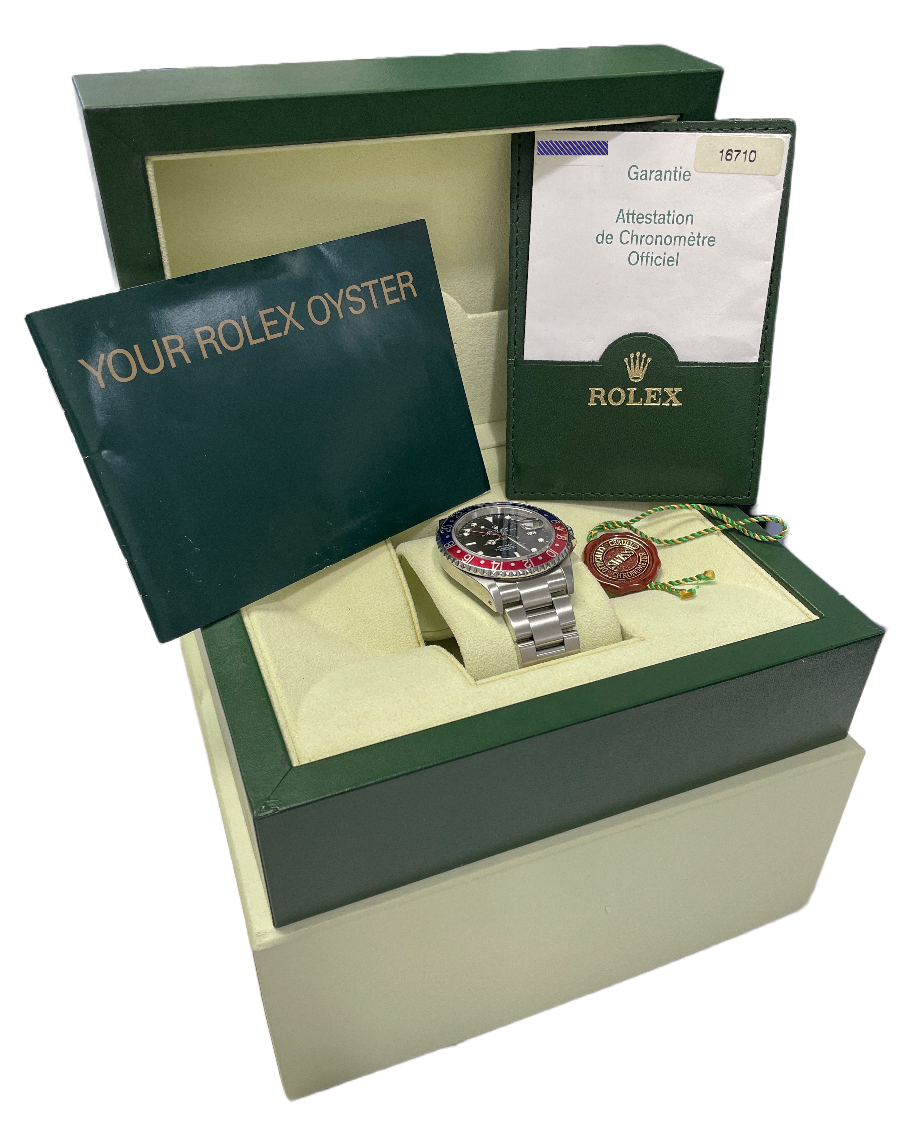 PAPERS Rolex GMT-Master II PEPSI Blue Red Stainless Steel 40mm 16710 Watch BOX
