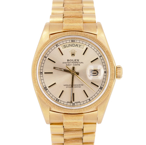 1980 Rolex Day-Date President 36mm Champagne BARK Quickset 18K Gold Watch 18078