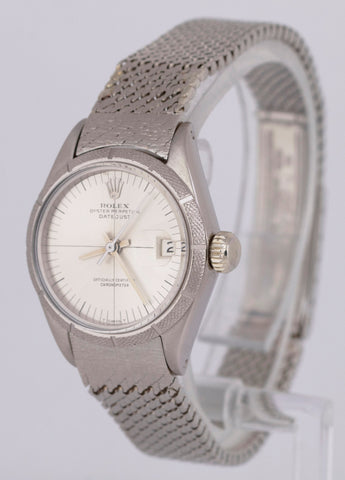 Ladies Rolex DateJust Silver 26mm 6900 Engine Turned 18K White Gold Mesh Watch