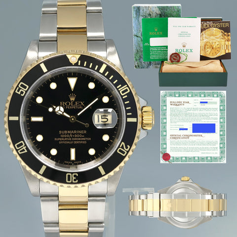 2000 MINT GOLD BUCKLE Rolex Submariner 16613 Gold Steel Two Tone Black Watch Box