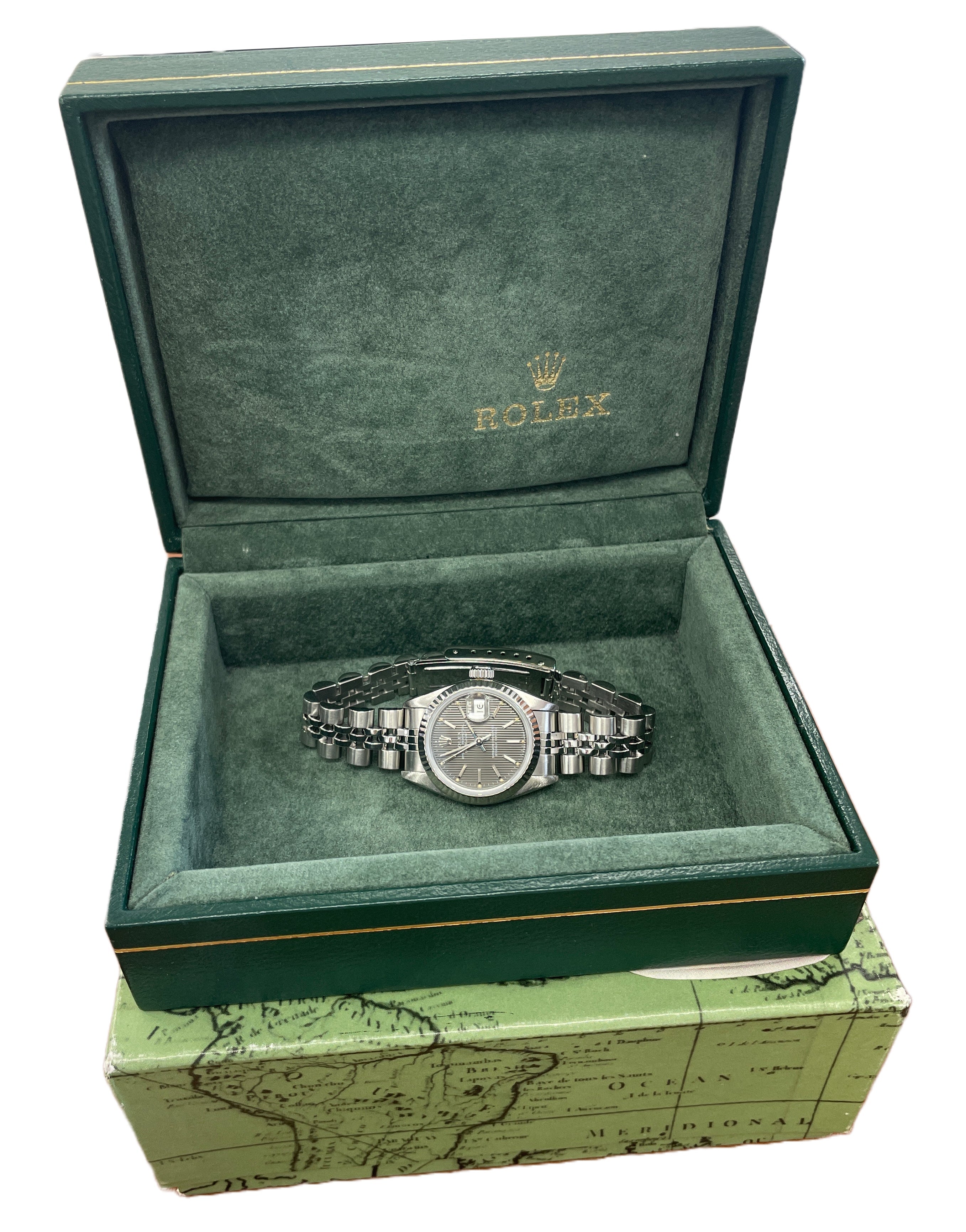 Rolex DateJust 26mm GRAY TAPESTRY 18K White Gold Steel Fluted JUBILEE 69174 BOX