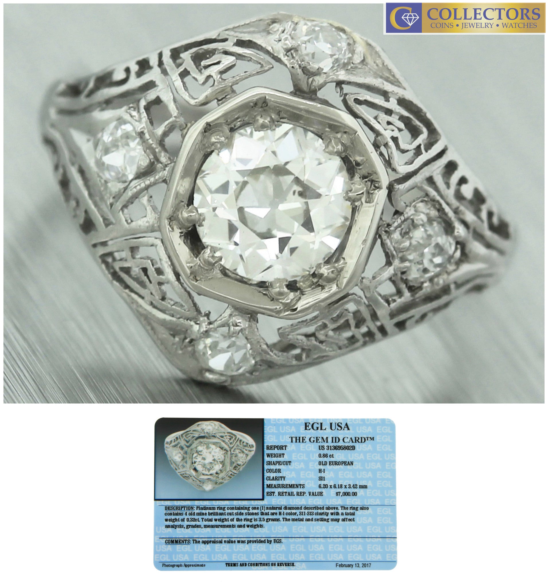Ladies Antique Art Deco Platinum Filigree 1.18ctw Diamond Engagement Ring EGL
