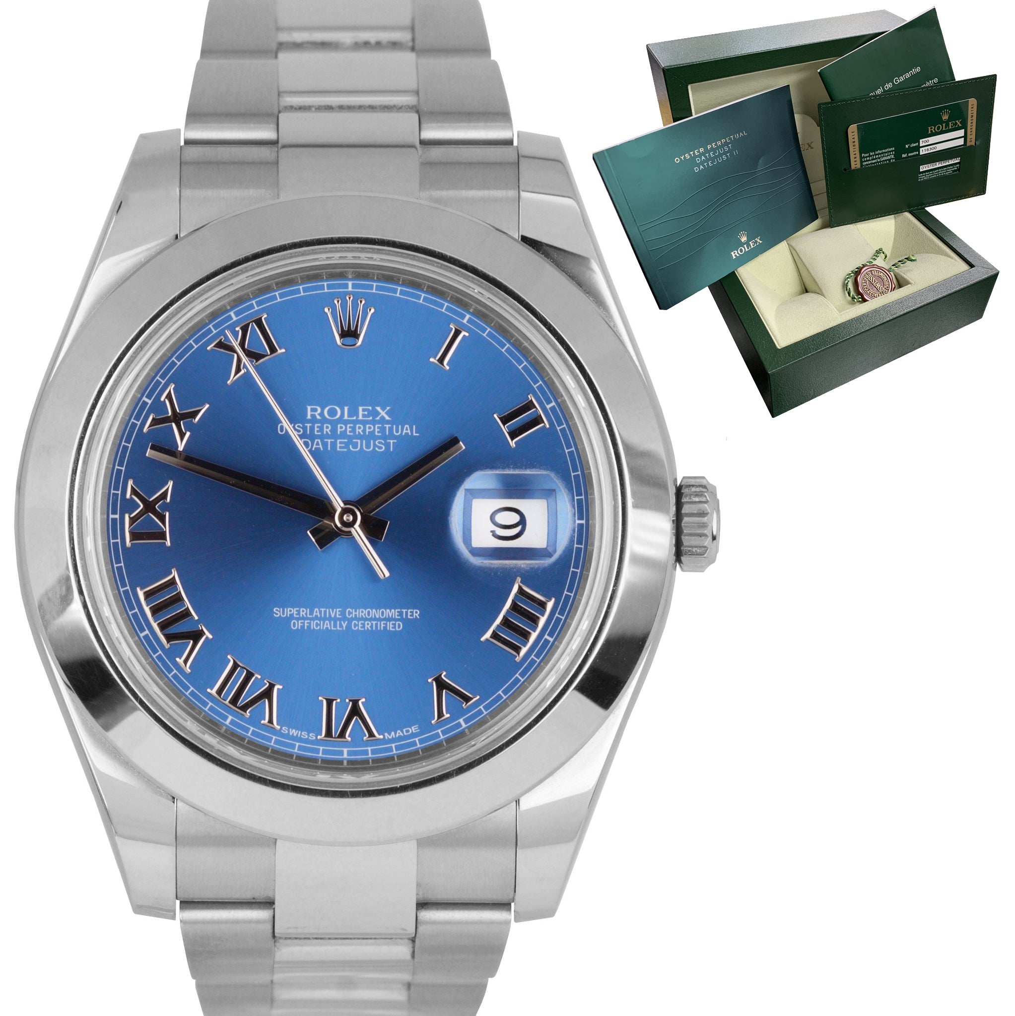 MINT Rolex DateJust II 41mm 116300 Azzurro Blue Roman Stainless Smooth Watch BP