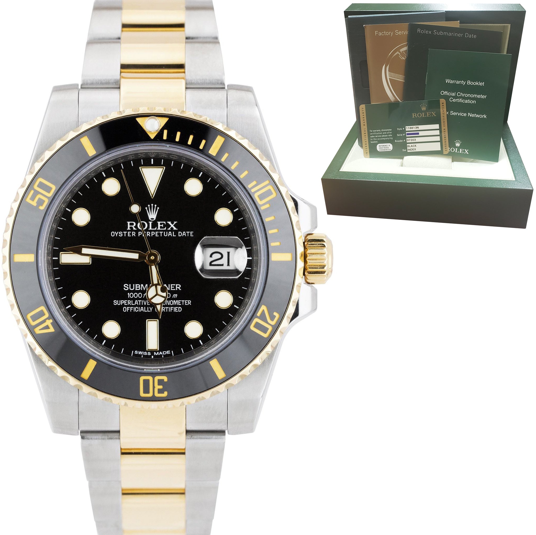 MINT Rolex Submariner Date Ceramic Two-Tone Stainless Gold Black Watch 116613 LN