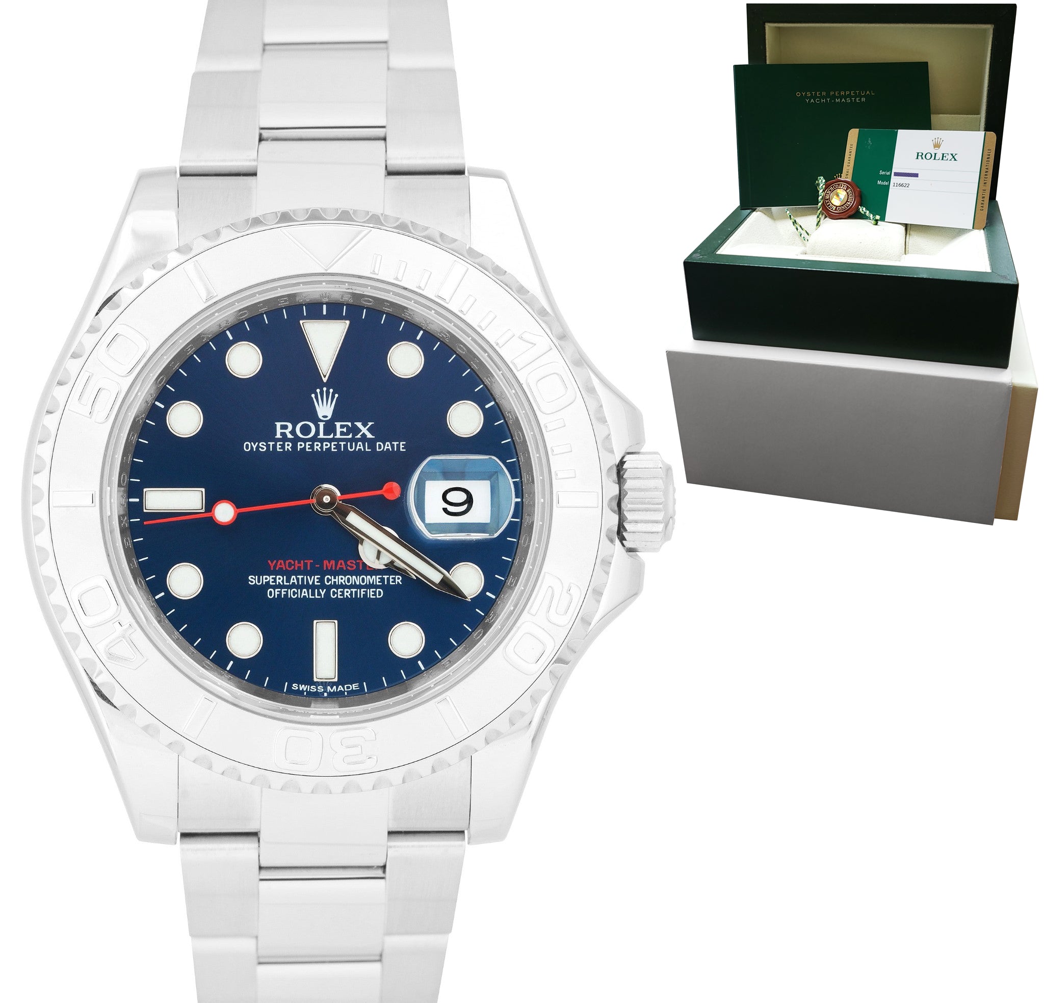 MINT 2014 Rolex Yacht-Master 40mm Blue Stainless Steel Oyster Watch 116622 B+P