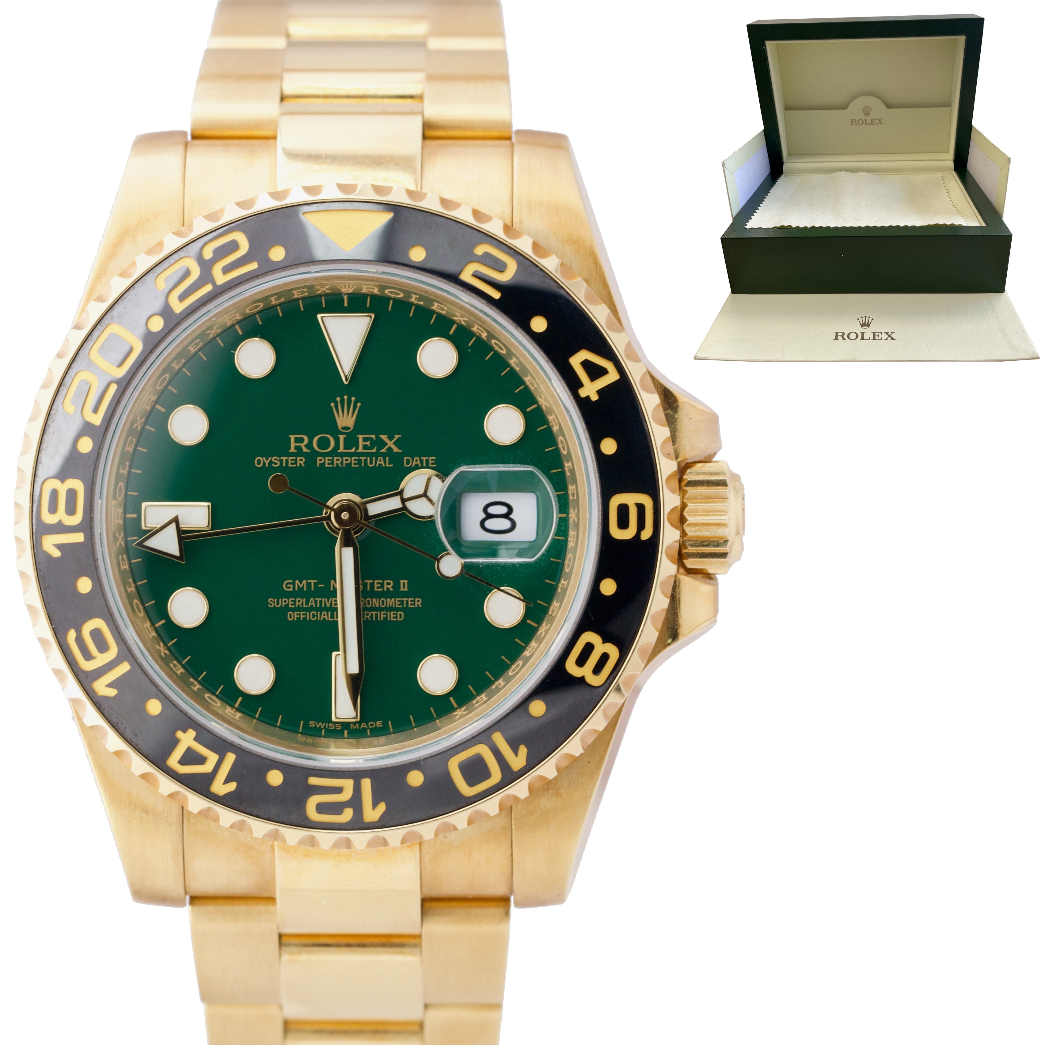 Rolex GMT Master II 18K Yellow Gold Green Dial Mens Watch 116718