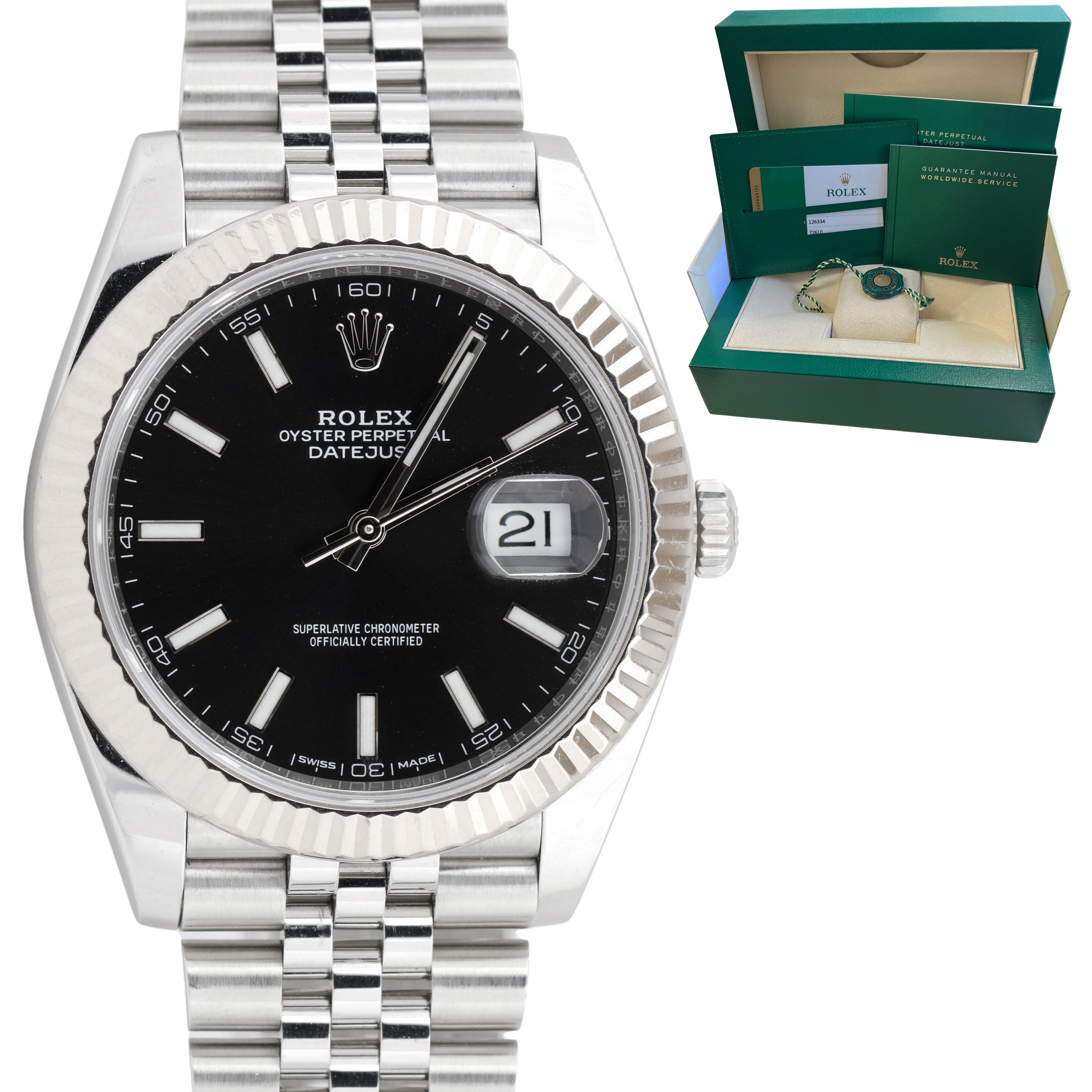 Rolex DateJust BLACK Stainless Steel White Gold Fluted JUBILEE 126334 41mm Watch