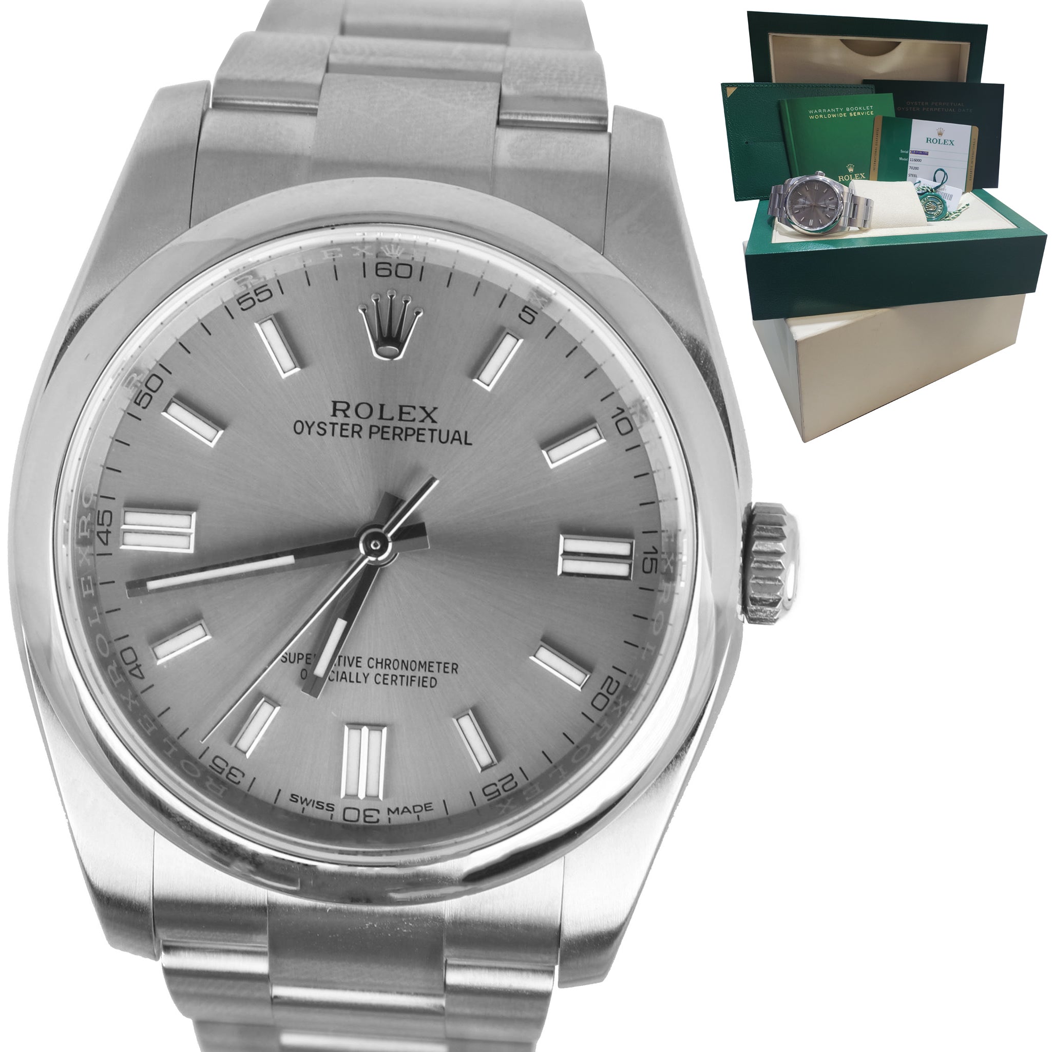 MINT 2019 Rolex Oyster Perpetual 116000 36mm Gray Rhodium Stainless Steel Watch