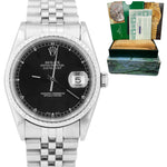 1997 Rolex DateJust 36mm Black Stick 16220 NO HOLES Jubilee Stainless Watch B+P