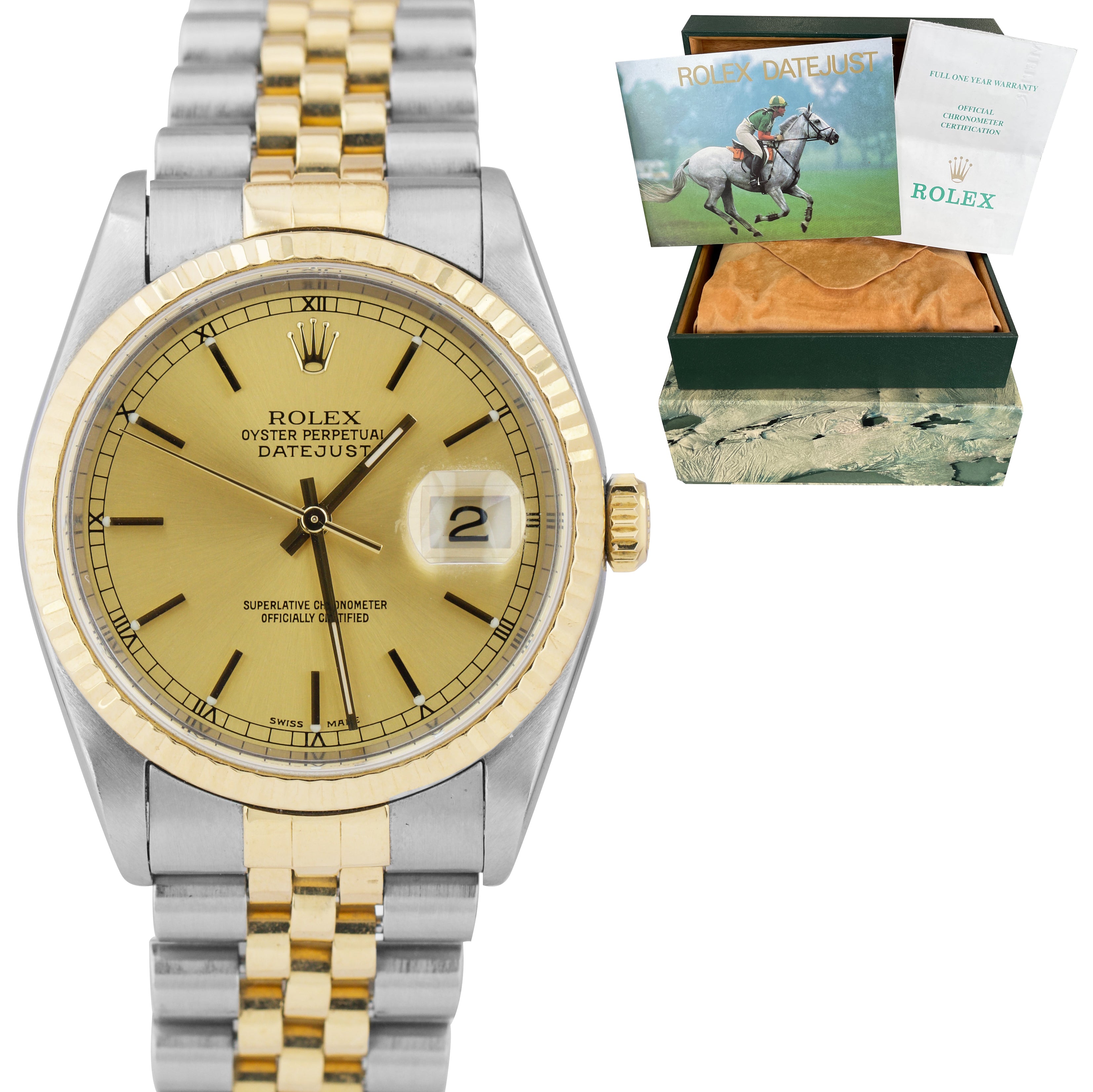 pensum Venture At vise 1997 Rolex DateJust 36mm 18K Two-Tone NO HOLES Champagne Jubilee Watch