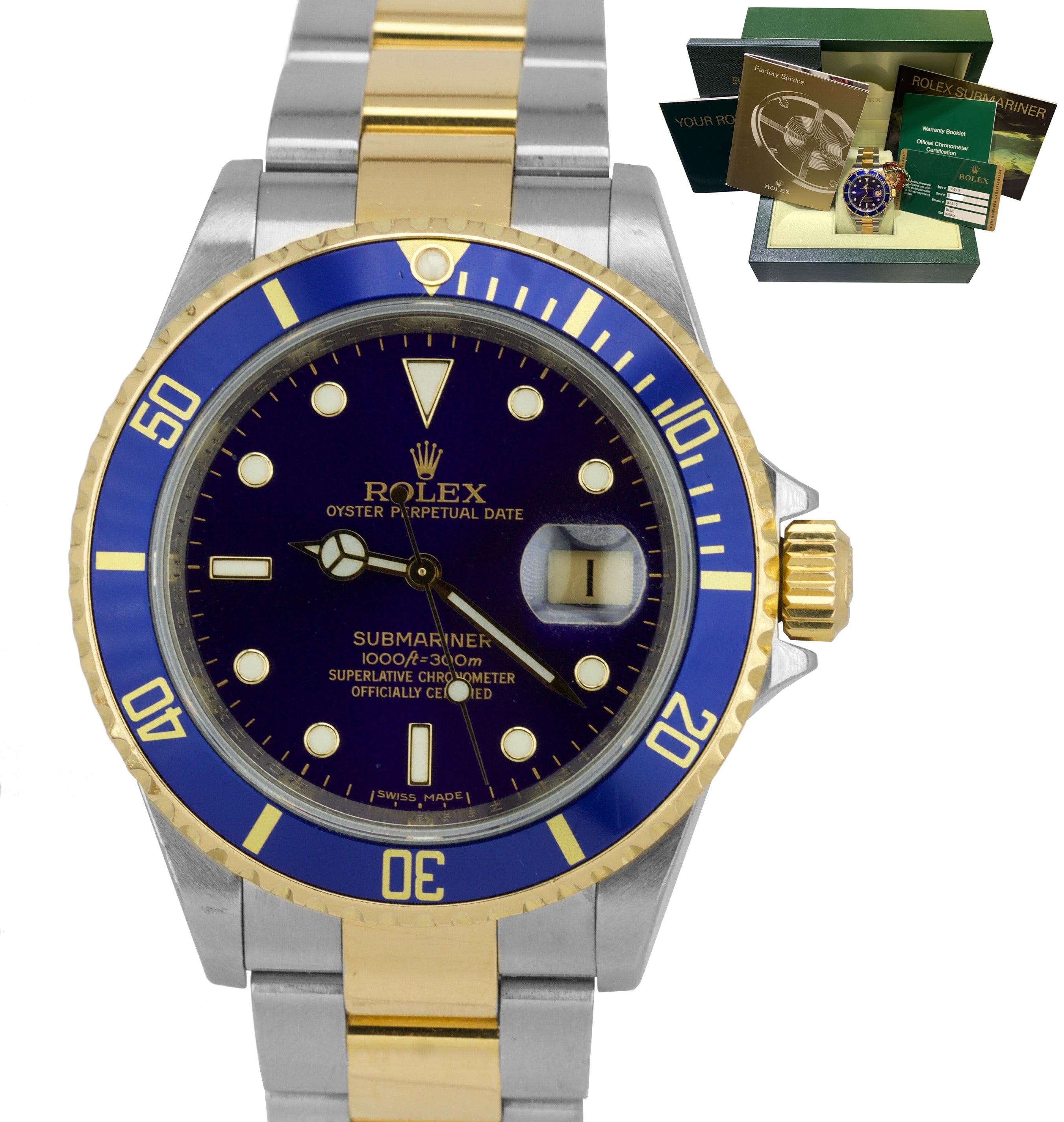 2008 REHAUT Rolex Submariner Date Z999 16613 T Two-Tone Gold Blue Dive Watch