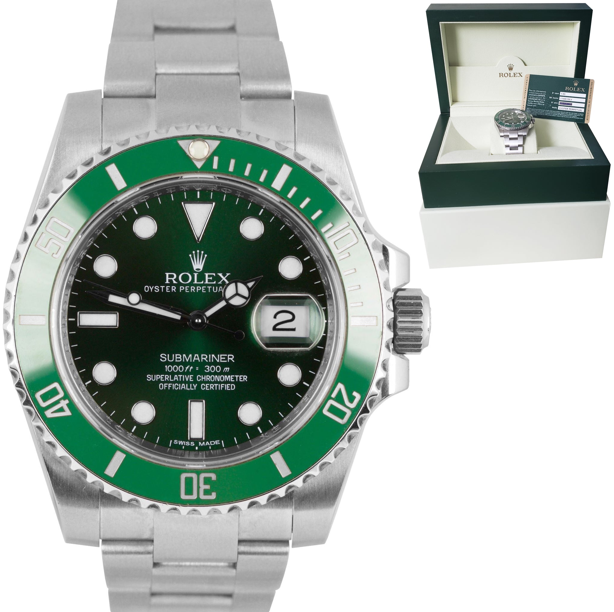 2013 Rolex Submariner Date HULK Stainless Green Ceramic 40mm Watch 116610 LV B+P
