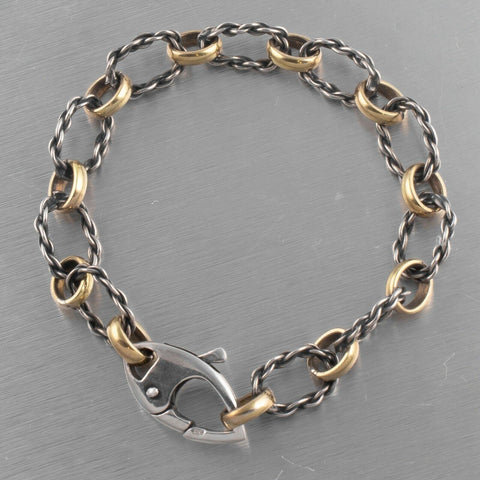 Vintage 18k Yellow Gold & 925 Sterling Silver Two Tone Oval Cable Link Bracelet