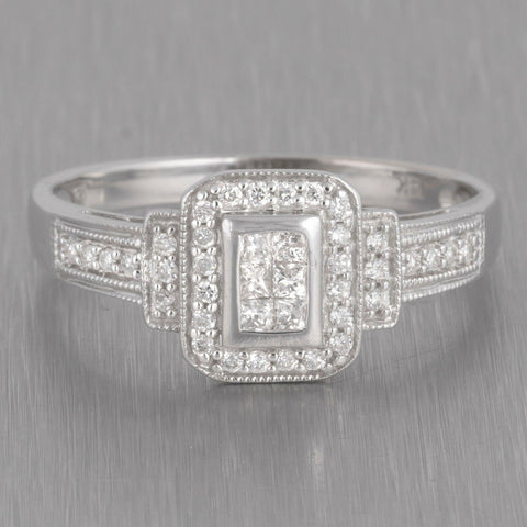 14k White Gold Six Stone Princess Diamond Halo Ring w/ accents 0.50ctw Size 8.75