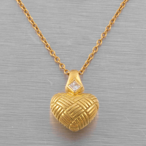 18k Yellow Gold Princess Diamond Crosshatch Heart Necklace 0.07ct 16" VINTAGE