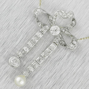 Art Deco 14k Yellow Gold & Platinum 1.10ctw Diamond Pearl Ribbon Necklace 15.75"