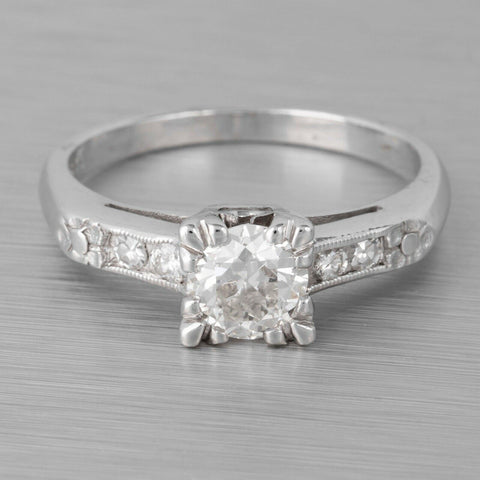 Antique Art Deco 14k White Gold Diamond Bridal Engagement Ring 0.85ctw