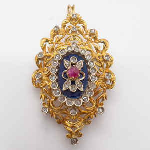 Toliro 18k White & Yellow Gold Ruby Rose Cut Diamond Lapis Lazuli Pin / Pendant