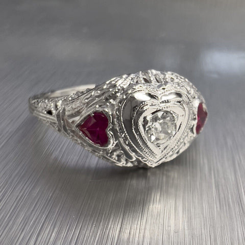 18k White Gold 0.12ct Old Mine Diamond Heart Shape Ruby Ring G VS2 size 5.75