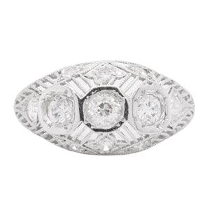 Antique Art Deco Platinum Diamond 3 Stone Ornate Filigree Ring 0.85ctw size 5.75