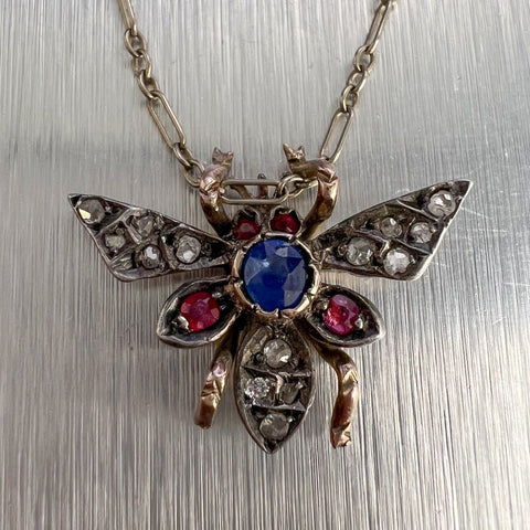 14k White Gold Butterfly Rough Diamond Rose Cut Sapphire & Ruby Necklace 15.5"