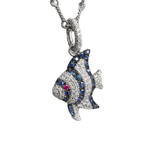 Pippo Perez 18k White Gold Diamond Sapphire Ruby Angel Fish Pendant 16" RARE