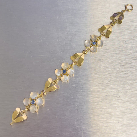 14k Yellow Gold Sapphire & Cabochon Moonstone Floral 3 Station Bracelet 6.5"