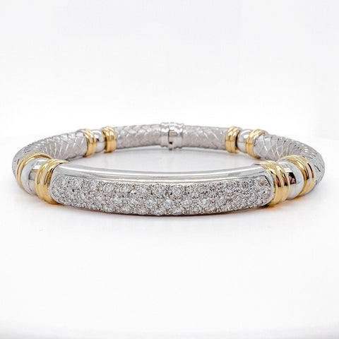 18k White & Yellow Gold Textured Basket Weave Diamond Bangle Bracelet 1.57ctw