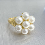 14k Yellow Gold 7 Stone Pearl Cluster Cocktail Ring Size 10