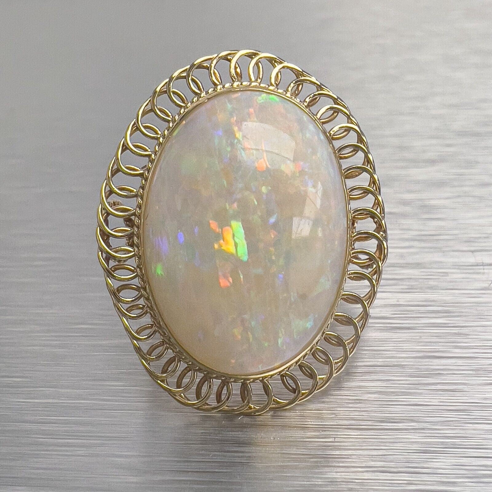Antique Victorian 14k Yellow Gold Cabochon Opal Spiral Wire Halo Ring Size 4.75