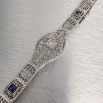 Antique Art Deco 14k White Gold Diamond Sapphire Filigree Bracelet 0.18ctw