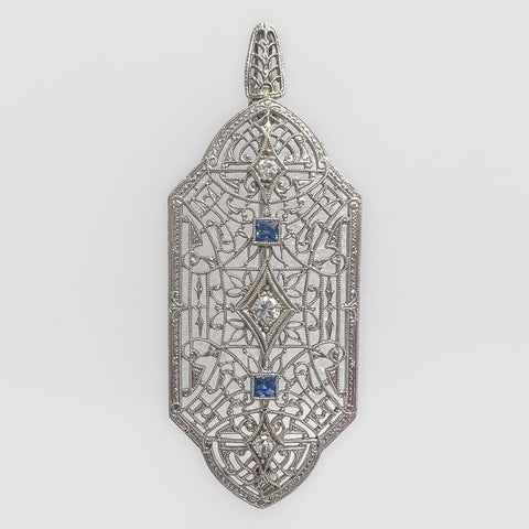 Antique Victorian 14k White Gold Diamond Sapphire Filigree Pin / Pendant 0.21ctw