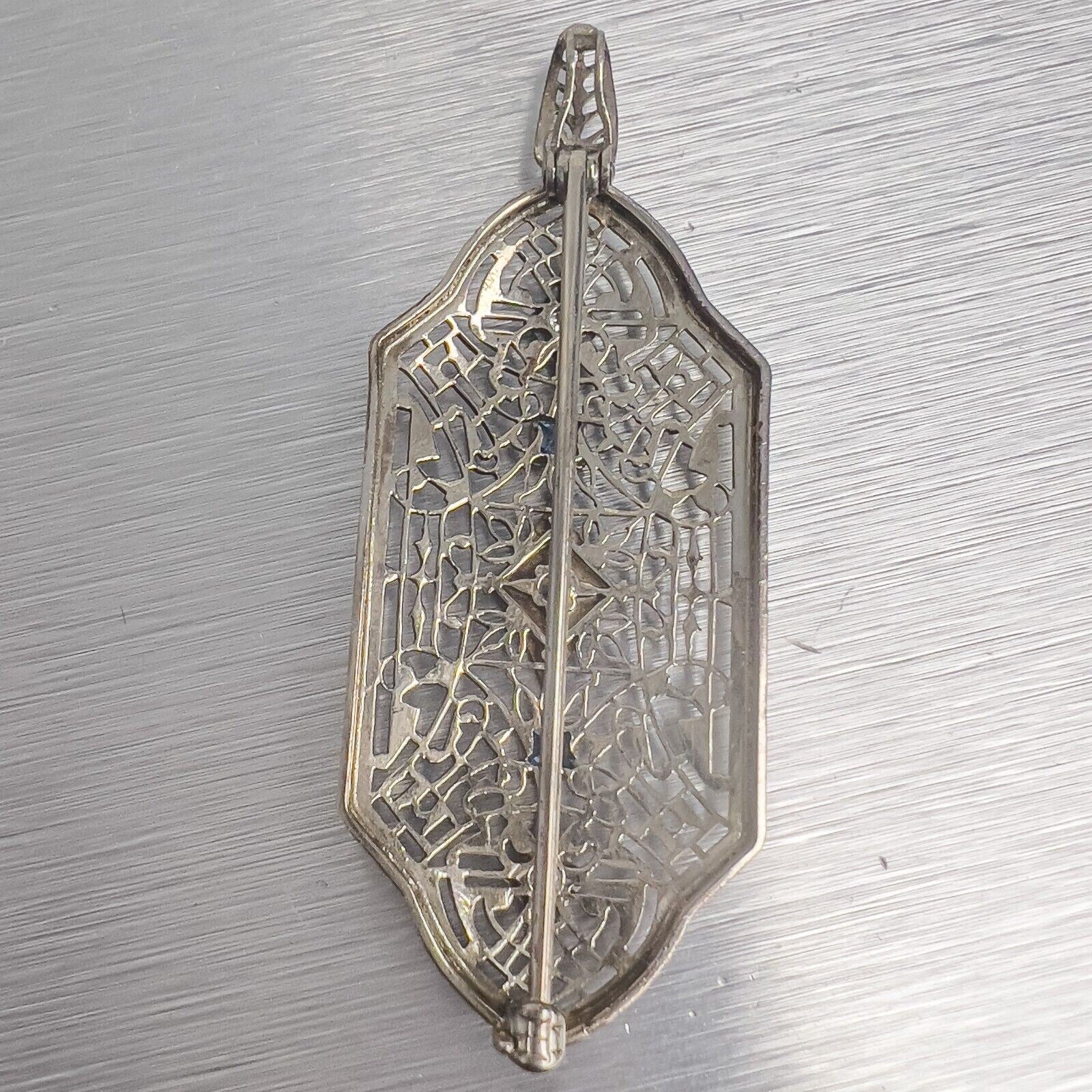 Antique Victorian 14k White Gold Diamond Sapphire Filigree Pin / Pendant 0.21ctw
